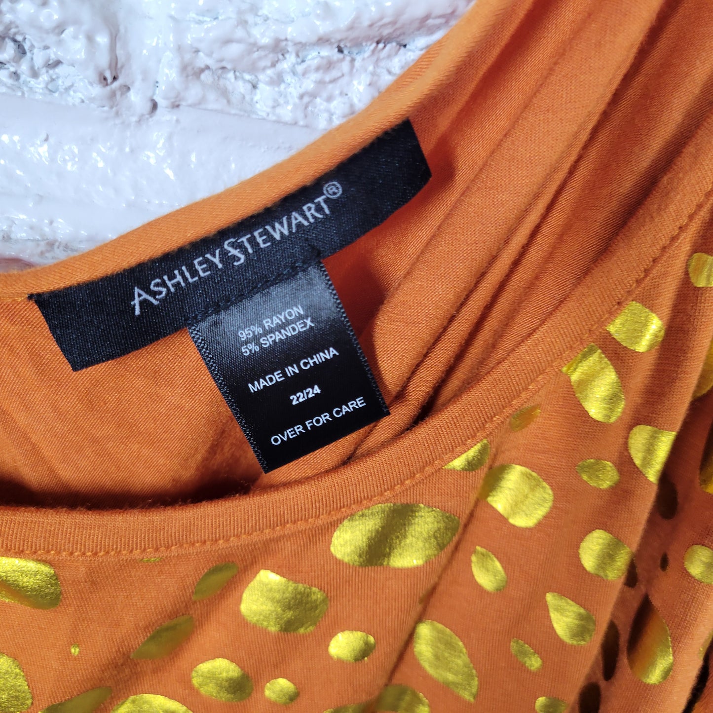 Ashley Stewart Womens 22/24 Top Orange Gold Foil Animal Print Keyhole ANI32E