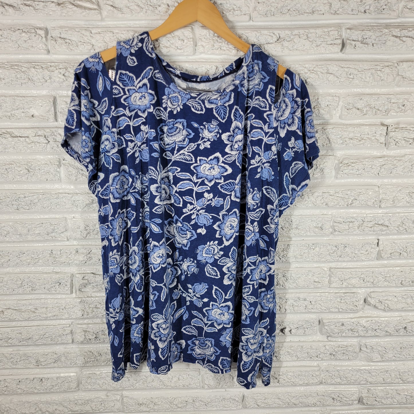 Woman Within Womens Tee 1X Blue White Floral Cotton Cold Shoulder FLO40E