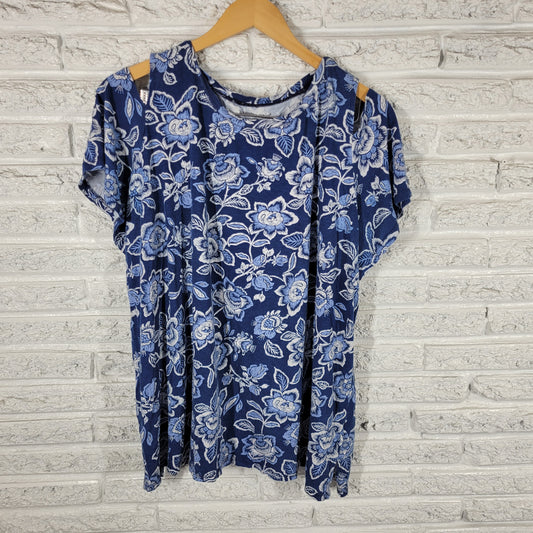 Woman Within Womens Tee 1X Blue White Floral Cotton Cold Shoulder FLO40E