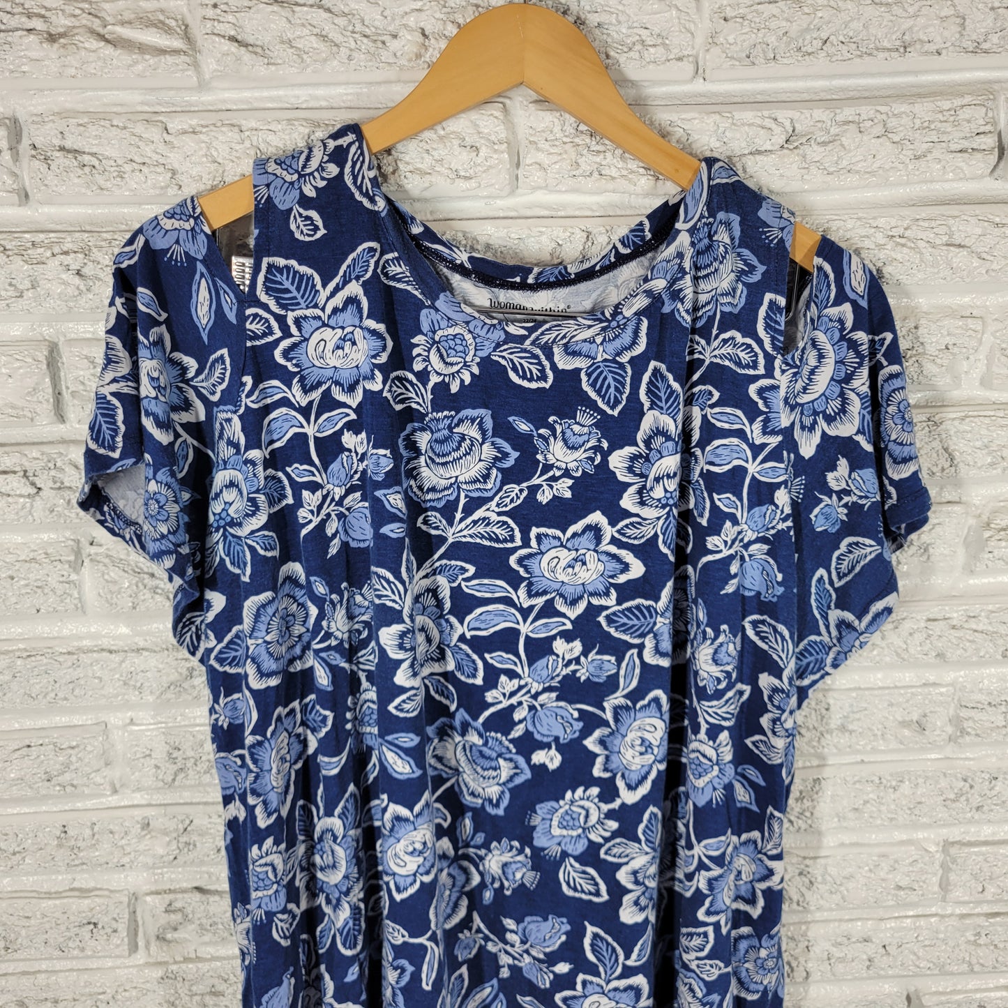 Woman Within Womens Tee 1X Blue White Floral Cotton Cold Shoulder FLO40E