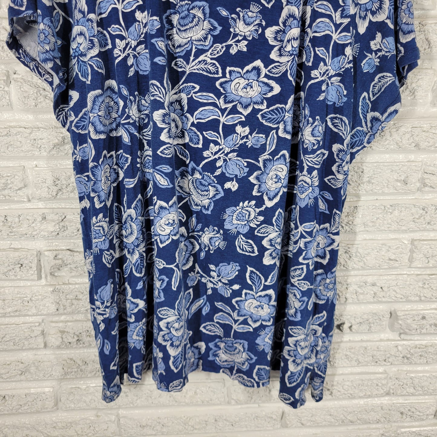 Woman Within Womens Tee 1X Blue White Floral Cotton Cold Shoulder FLO40E