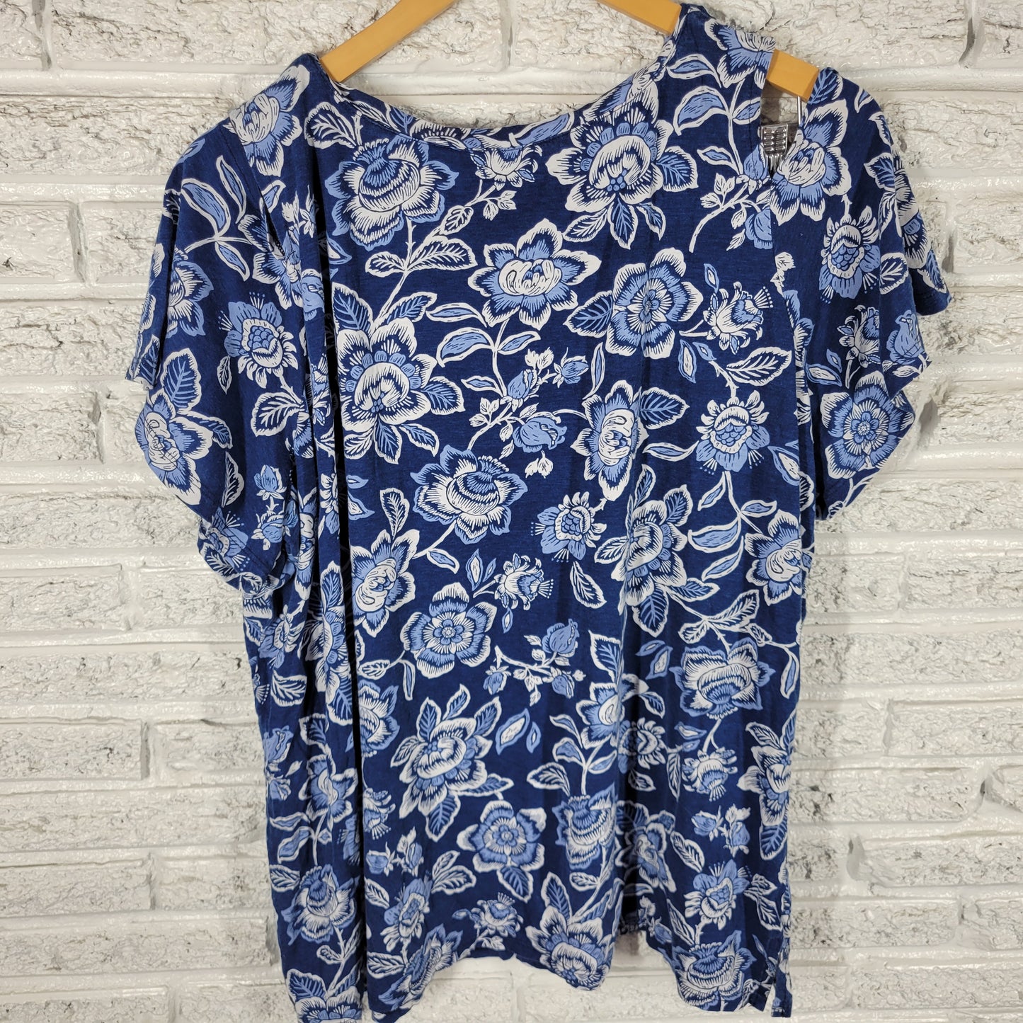 Woman Within Womens Tee 1X Blue White Floral Cotton Cold Shoulder FLO40E
