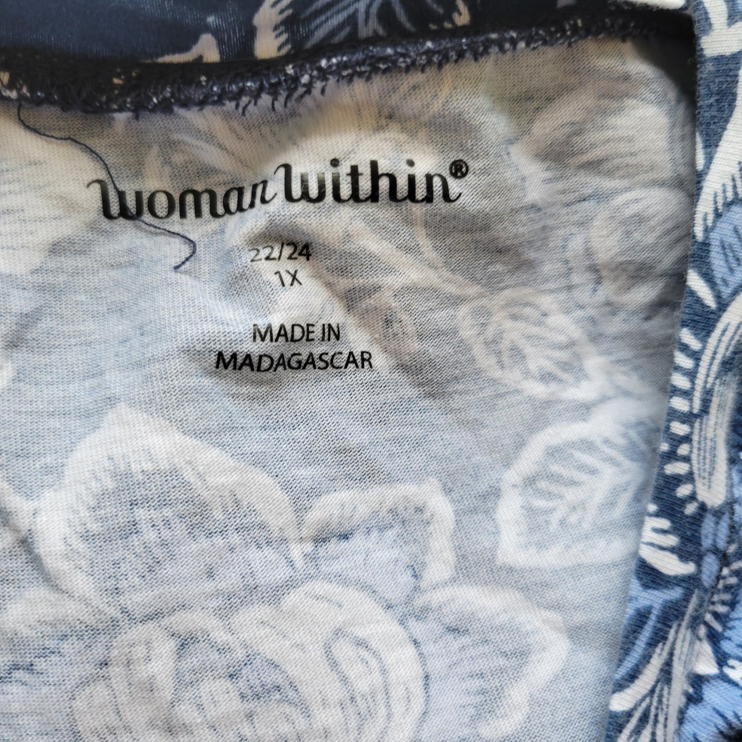 Woman Within Womens Tee 1X Blue White Floral Cotton Cold Shoulder FLO40E