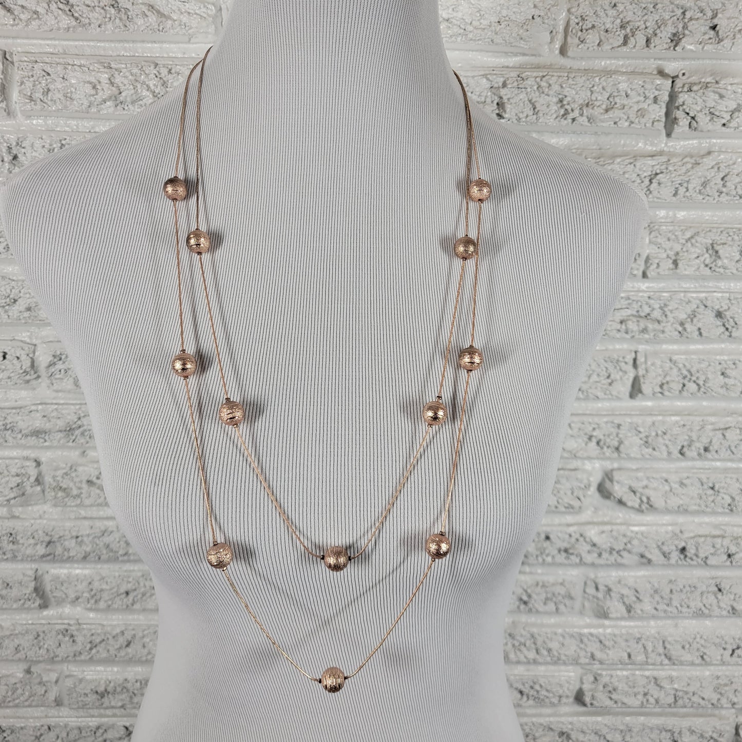 Rose Gold Tone Layered Multi Strand Long Station Necklace Textured Bead N35E