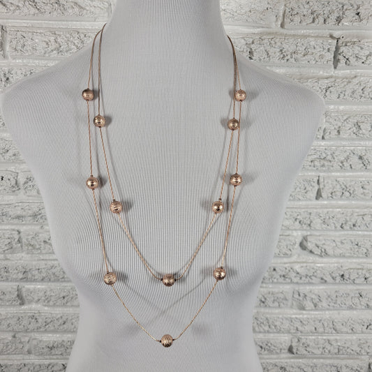 Rose Gold Tone Layered Multi Strand Long Station Necklace Textured Bead N35E