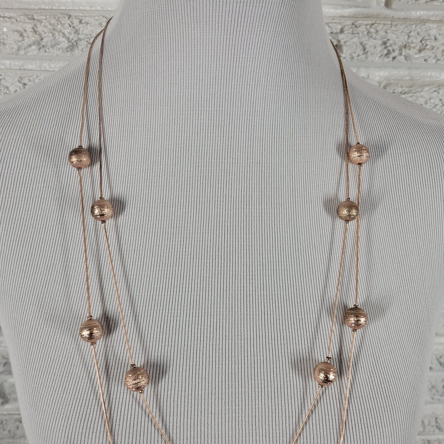Rose Gold Tone Layered Multi Strand Long Station Necklace Textured Bead N35E