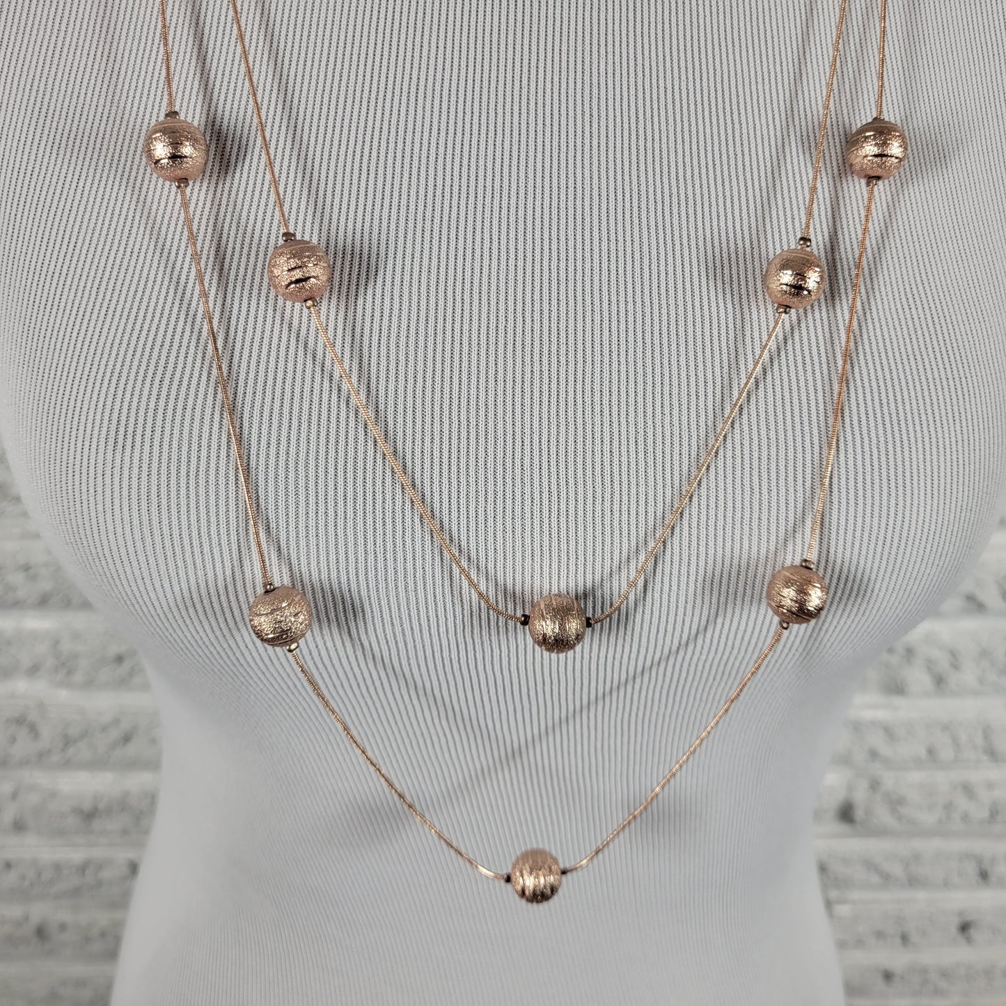 Rose Gold Tone Layered Multi Strand Long Station Necklace Textured Bead N35E