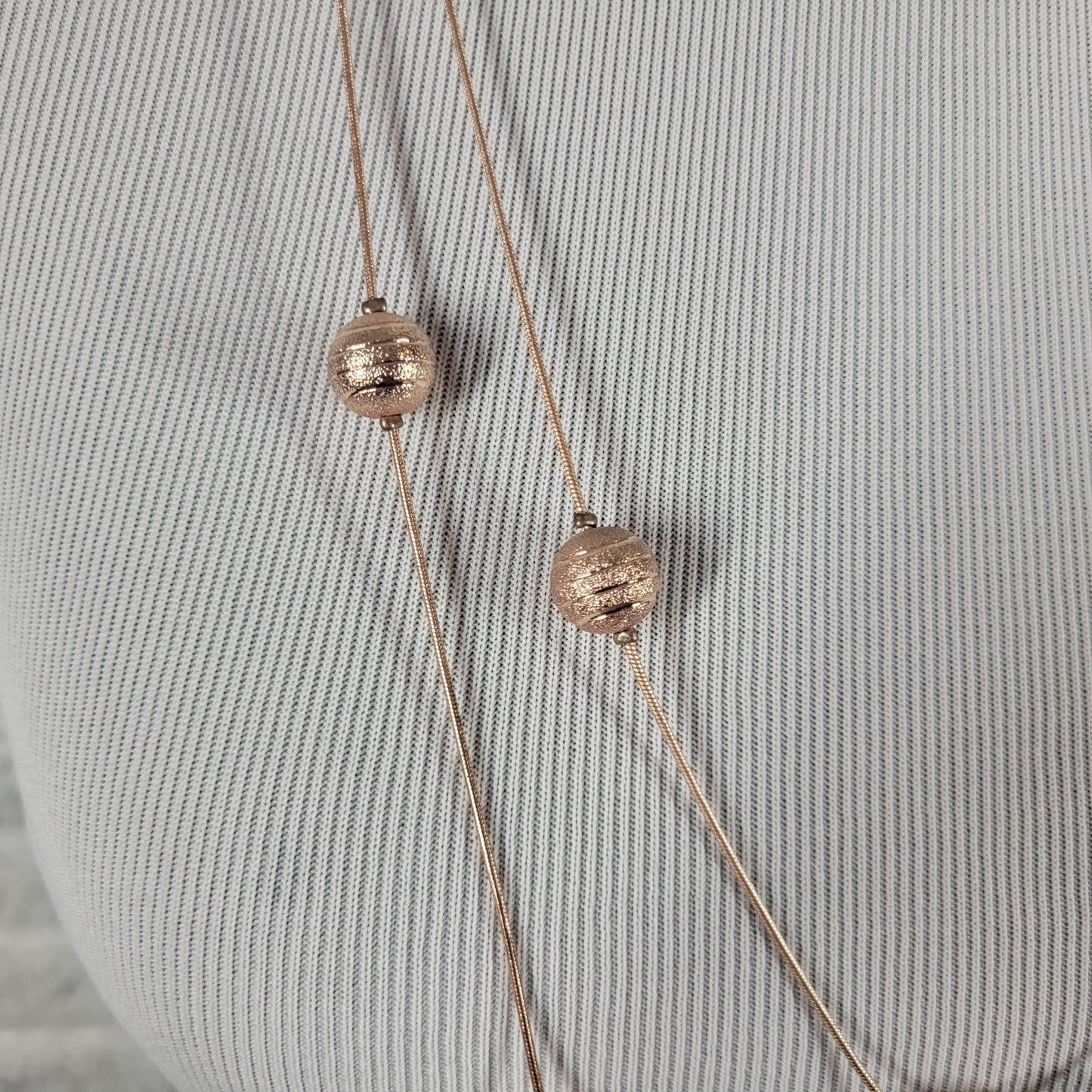Rose Gold Tone Layered Multi Strand Long Station Necklace Textured Bead N35E