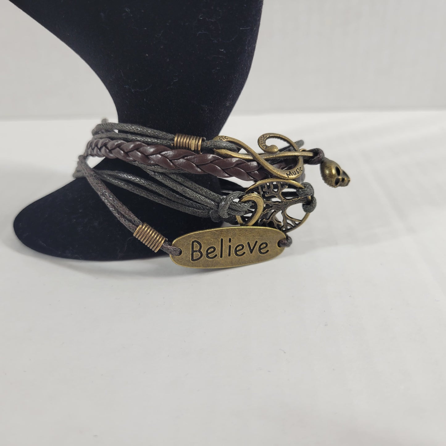 Braided Leather Cord Wrap Bracelet Treble Clef Skull Tree of Life Believe B19E