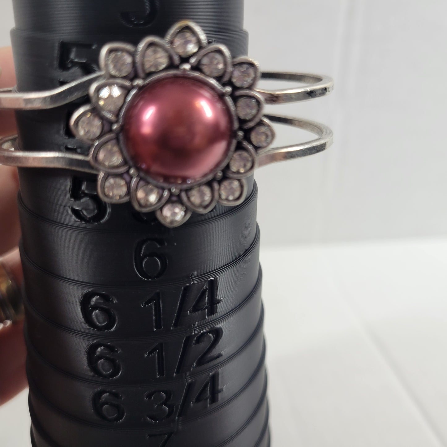 Silver Tone Faux Pearl Rhinestone Flower Hinge Bangle Bracelet Cabochon B23E