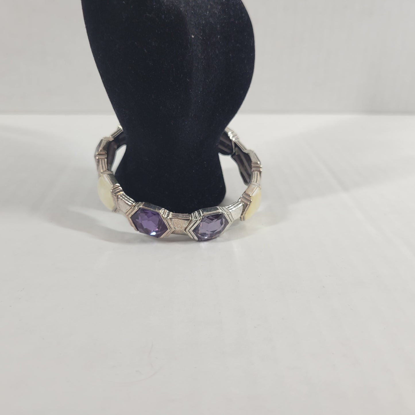 Napier Vintage Stretch Bracelet Silver Tone Purple Hexagon Crystal Lucite B3E