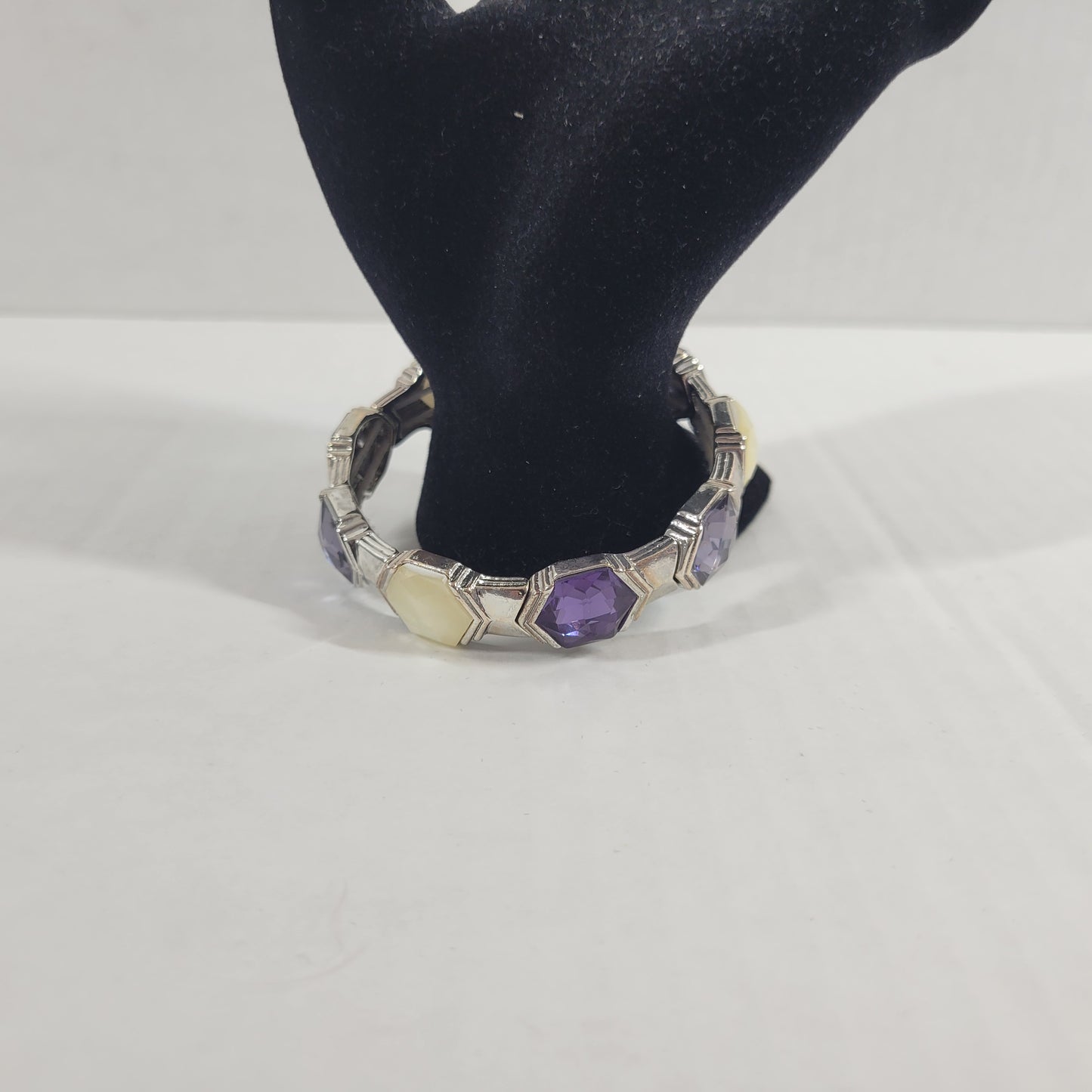 Napier Vintage Stretch Bracelet Silver Tone Purple Hexagon Crystal Lucite B3E