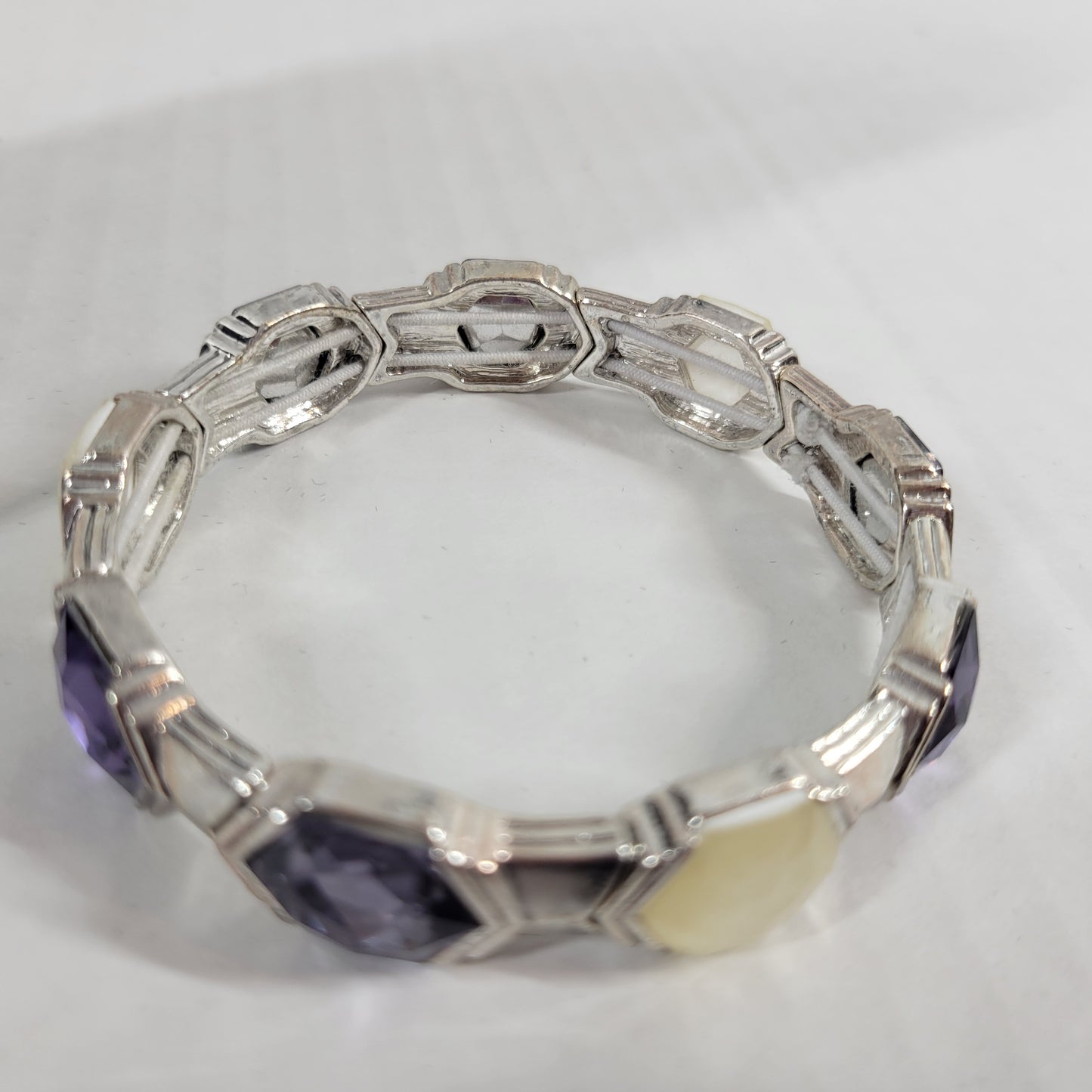 Napier Vintage Stretch Bracelet Silver Tone Purple Hexagon Crystal Lucite B3E