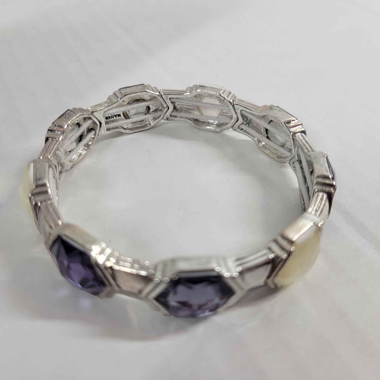 Napier Vintage Stretch Bracelet Silver Tone Purple Hexagon Crystal Lucite B3E