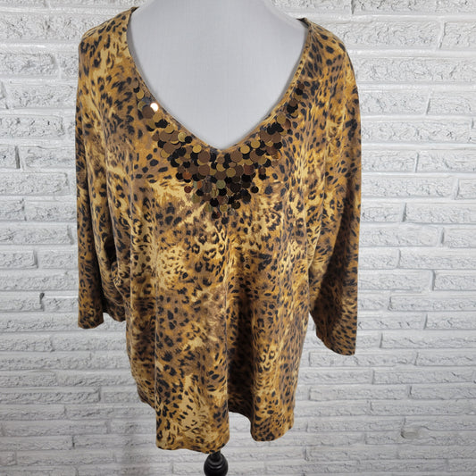 Ruby Rd Animal Print Sequin V-Neck Top 2X Tan Brown 3/4 Sleeve Knit ANI37E