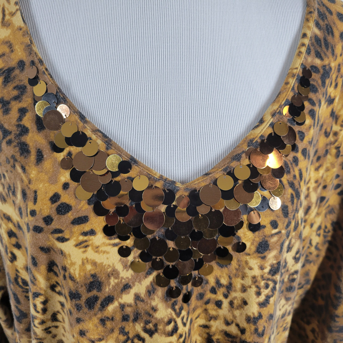 Ruby Rd Animal Print Sequin V-Neck Top 2X Tan Brown 3/4 Sleeve Knit ANI37E