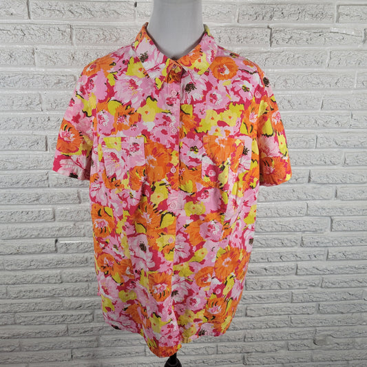 White Stag Womens 2X Top Cotton Orange Pink Floral Short Sleeve FLO226XE
