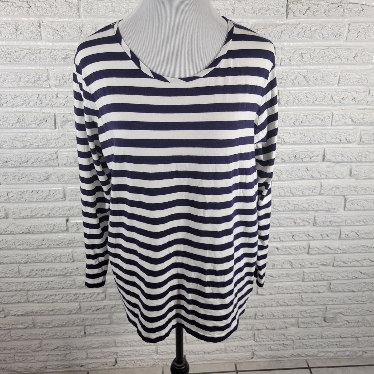 Anne Klein Striped Tee 2X Blue White Crew Neck Long Zip Sleeve Top STR78XE