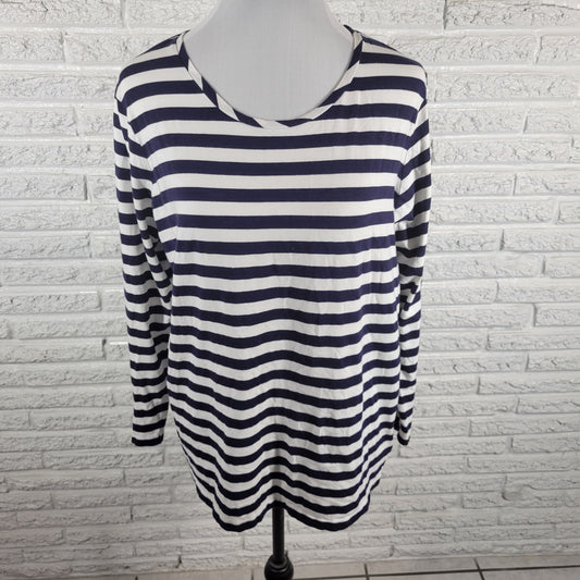 Anne Klein Striped Tee 2X Blue White Crew Neck Long Zip Sleeve Top STR78XE
