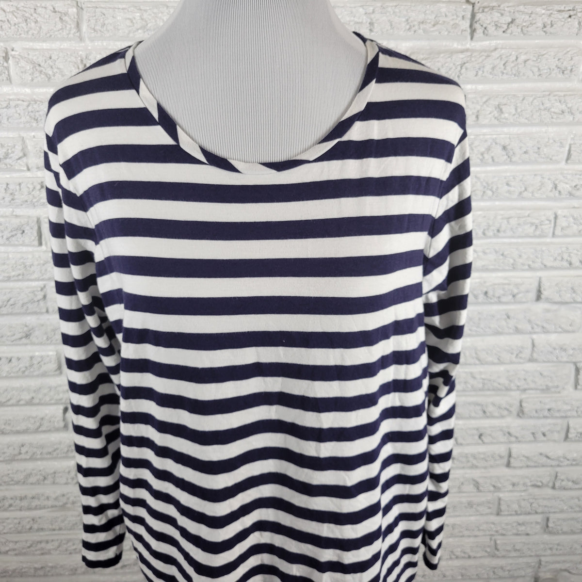 Anne Klein Striped Tee 2X Blue White Crew Neck Long Zip Sleeve Top STR78XE