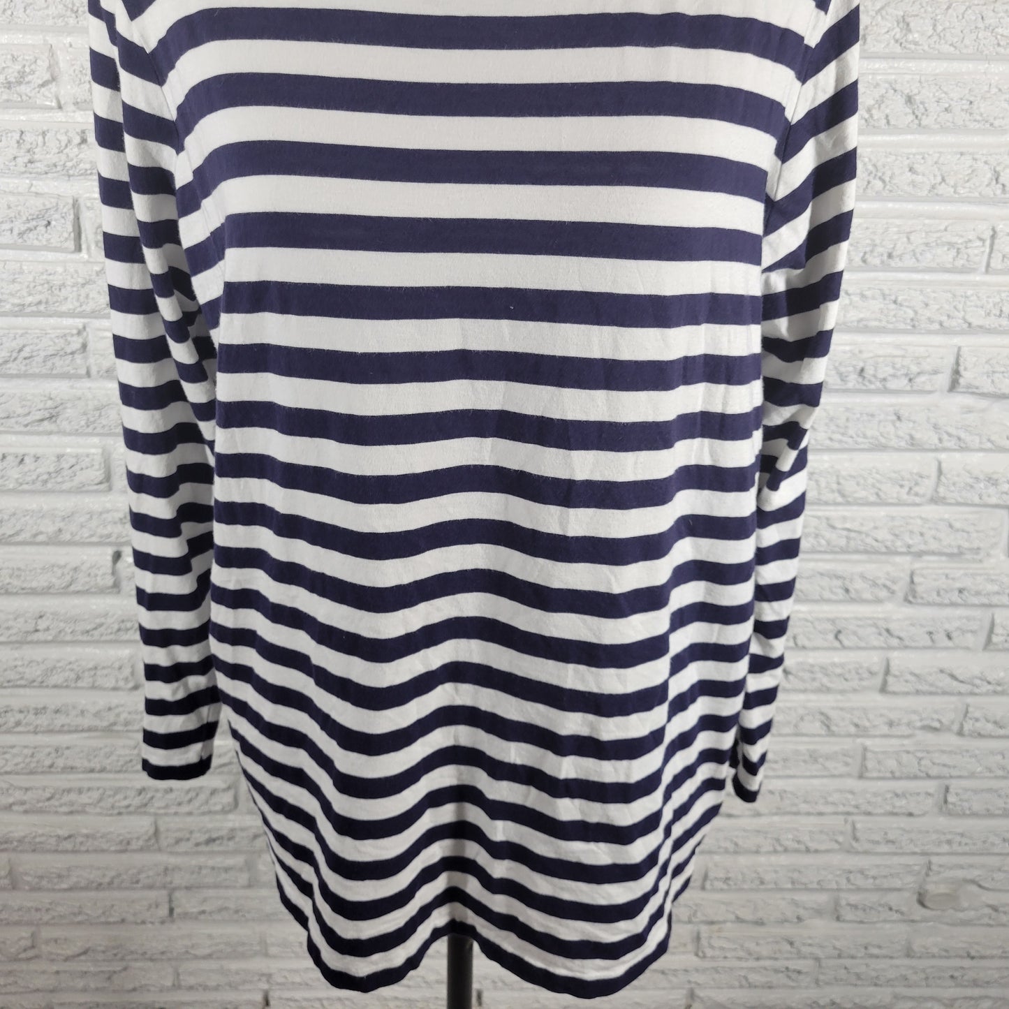 Anne Klein Striped Tee 2X Blue White Crew Neck Long Zip Sleeve Top STR78XE