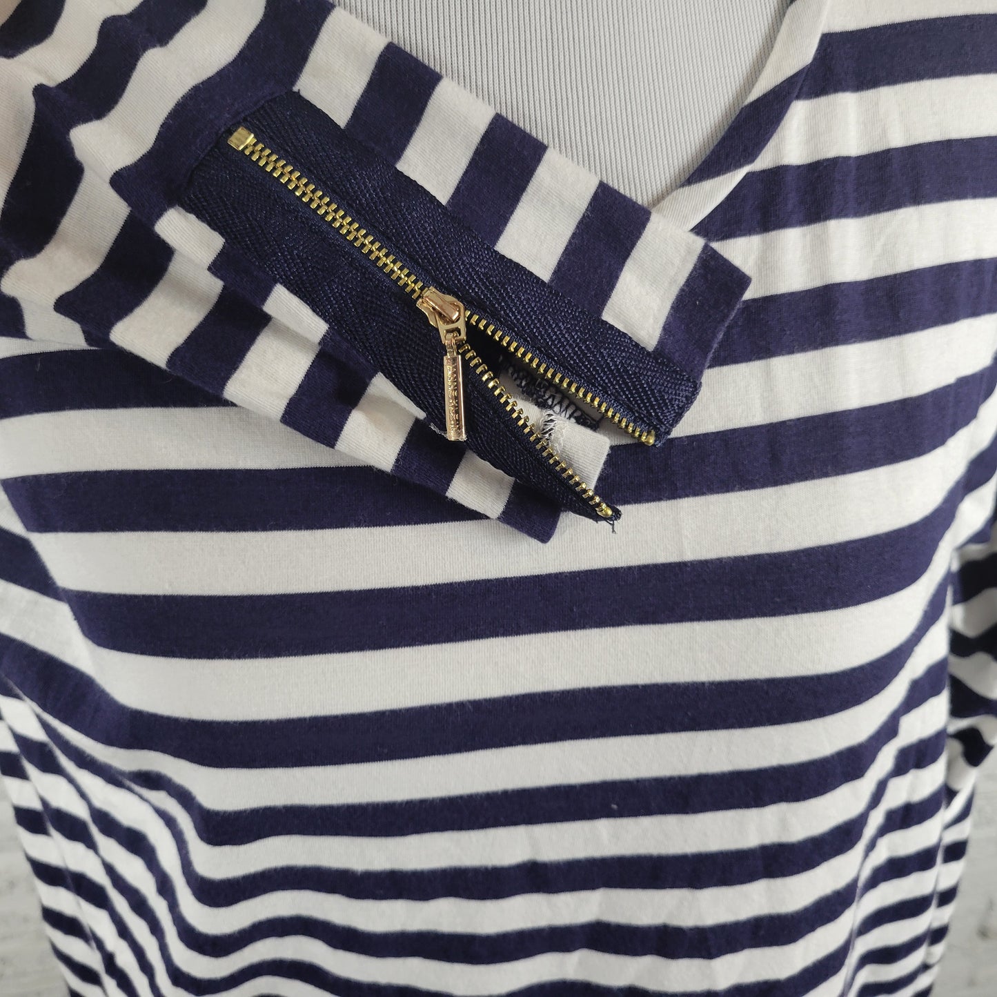 Anne Klein Striped Tee 2X Blue White Crew Neck Long Zip Sleeve Top STR78XE