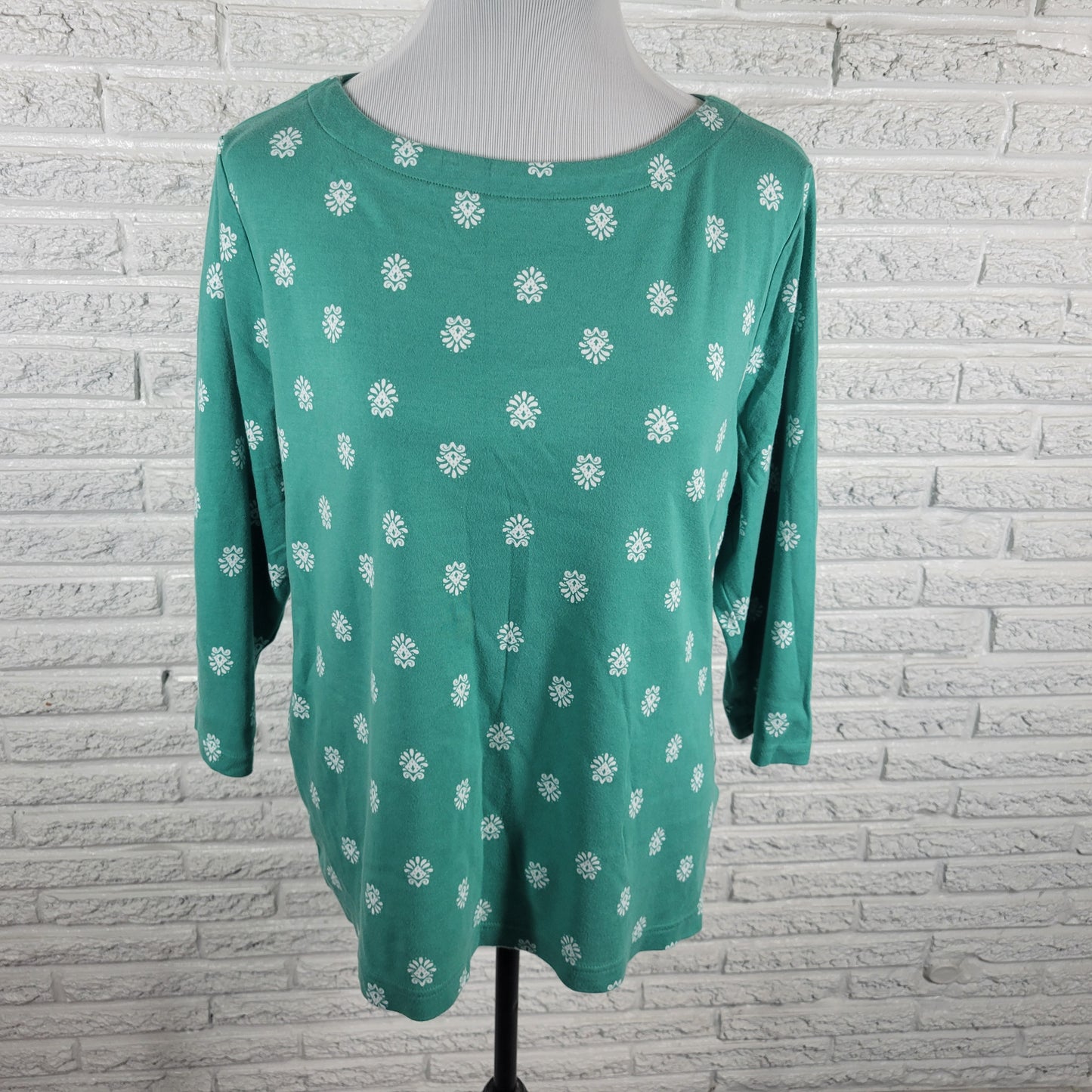 Croft & Barrow Womens XL Green White Geometric 3/4 Sleeve Cotton Tee GEO176E