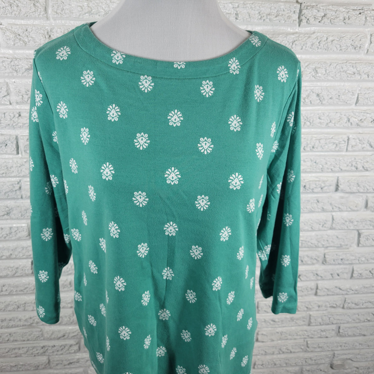 Croft & Barrow Womens XL Green White Geometric 3/4 Sleeve Cotton Tee GEO176E