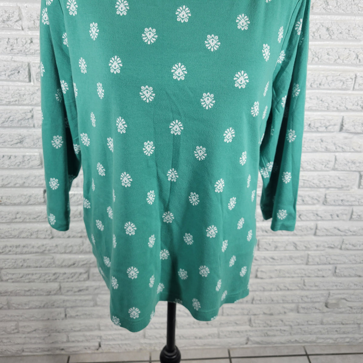 Croft & Barrow Womens XL Green White Geometric 3/4 Sleeve Cotton Tee GEO176E