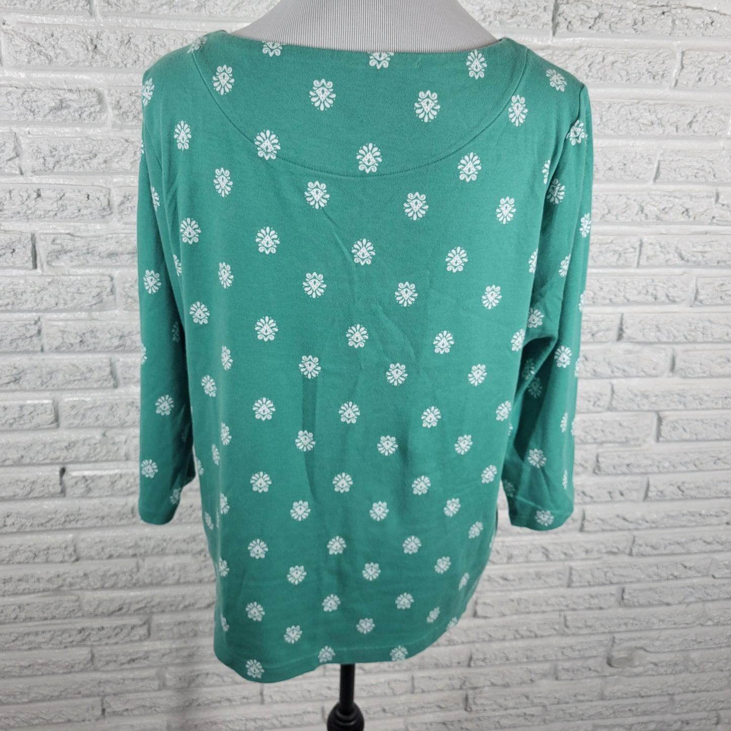 Croft & Barrow Womens XL Green White Geometric 3/4 Sleeve Cotton Tee GEO176E