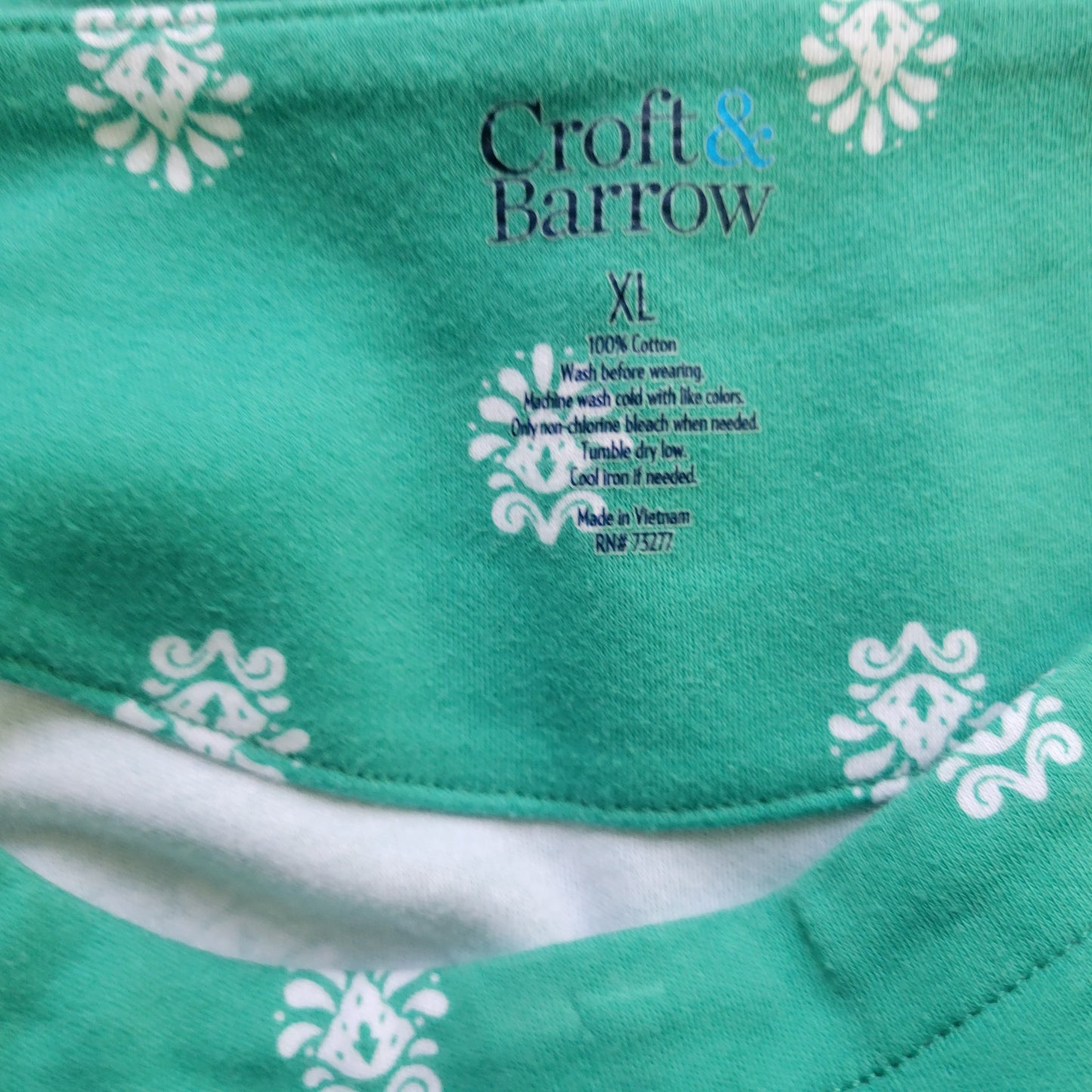 Croft & Barrow Womens XL Green White Geometric 3/4 Sleeve Cotton Tee GEO176E