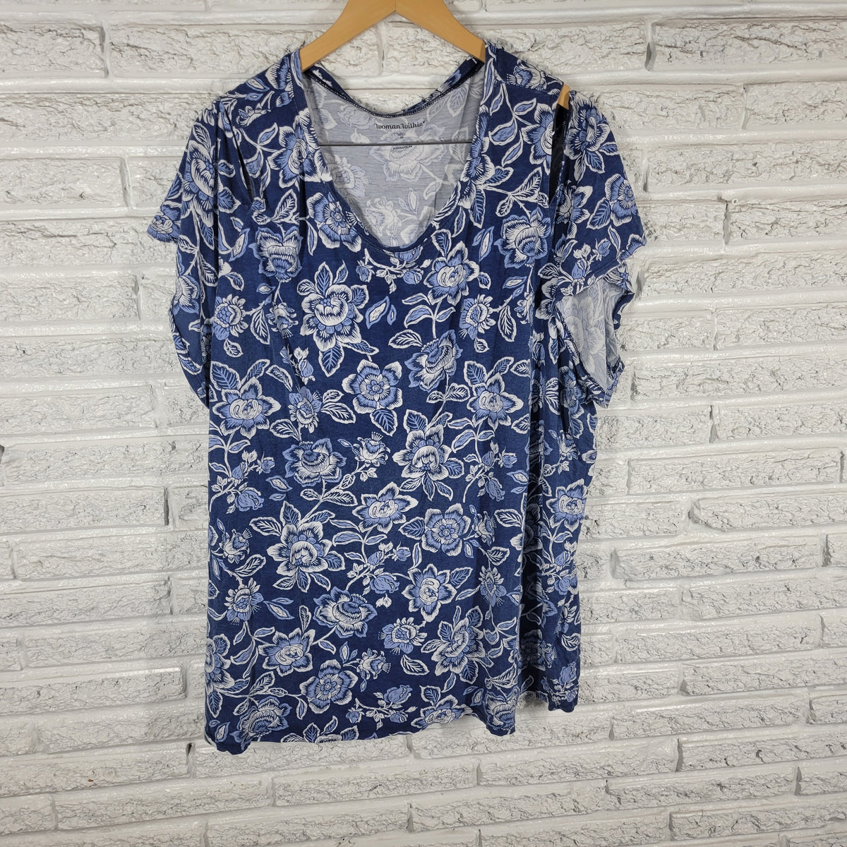 Woman Within Floral Cold Shoulder Tee 3X Blue White Short Sleeve Plus FLO144E