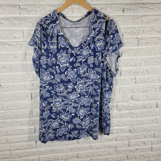 Woman Within Floral Cold Shoulder Tee 3X Blue White Short Sleeve Plus FLO144E