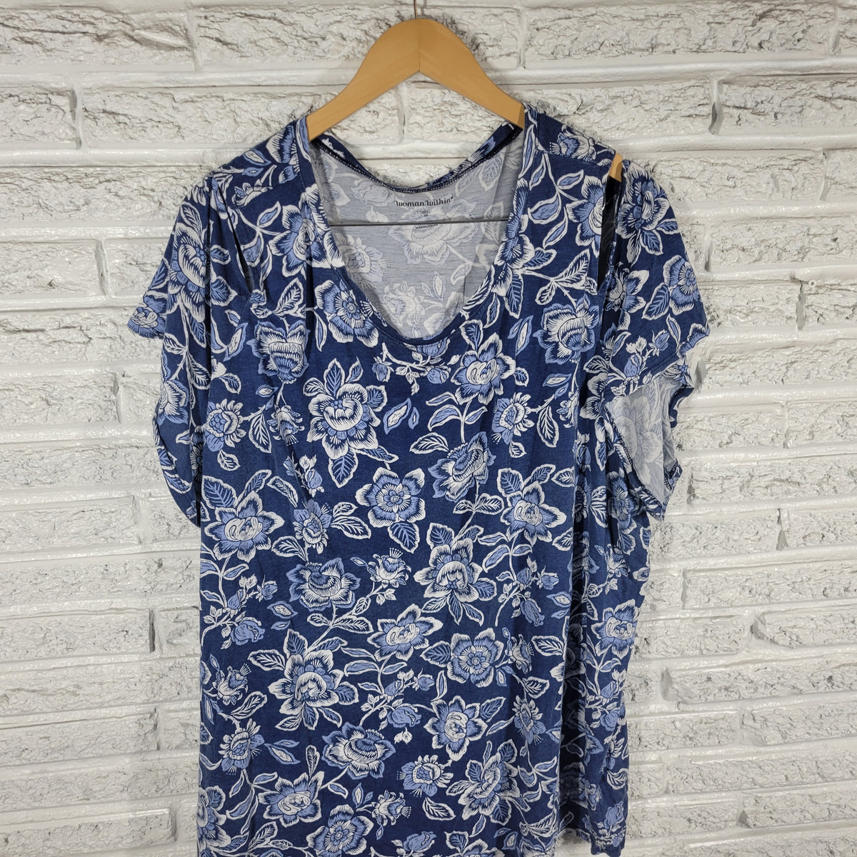 Woman Within Floral Cold Shoulder Tee 3X Blue White Short Sleeve Plus FLO144E