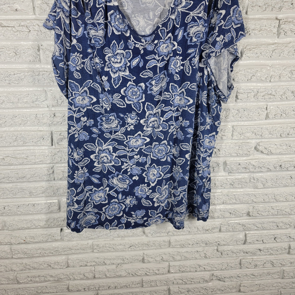 Woman Within Floral Cold Shoulder Tee 3X Blue White Short Sleeve Plus FLO144E