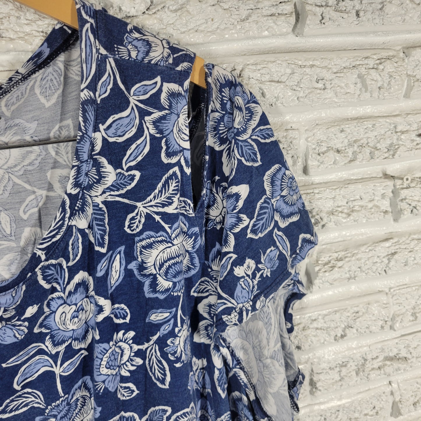 Woman Within Floral Cold Shoulder Tee 3X Blue White Short Sleeve Plus FLO144E