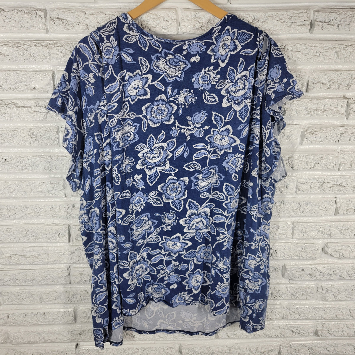 Woman Within Floral Cold Shoulder Tee 3X Blue White Short Sleeve Plus FLO144E