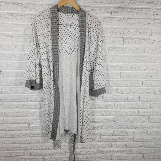 Aria Floral Gingham Check Robe 1X Black White V-Neck 3/4 Sleeve Belted FLO48E