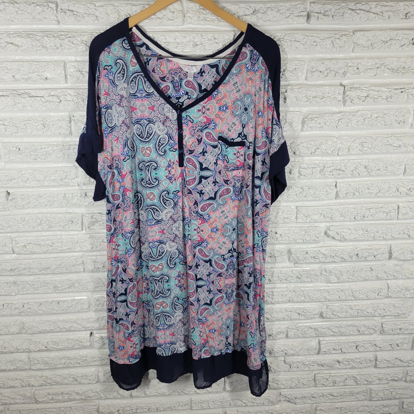 Secret Treasures Paisley Pajama Top 3X Blue Pink V-Neck Short Sleeve PAI36E