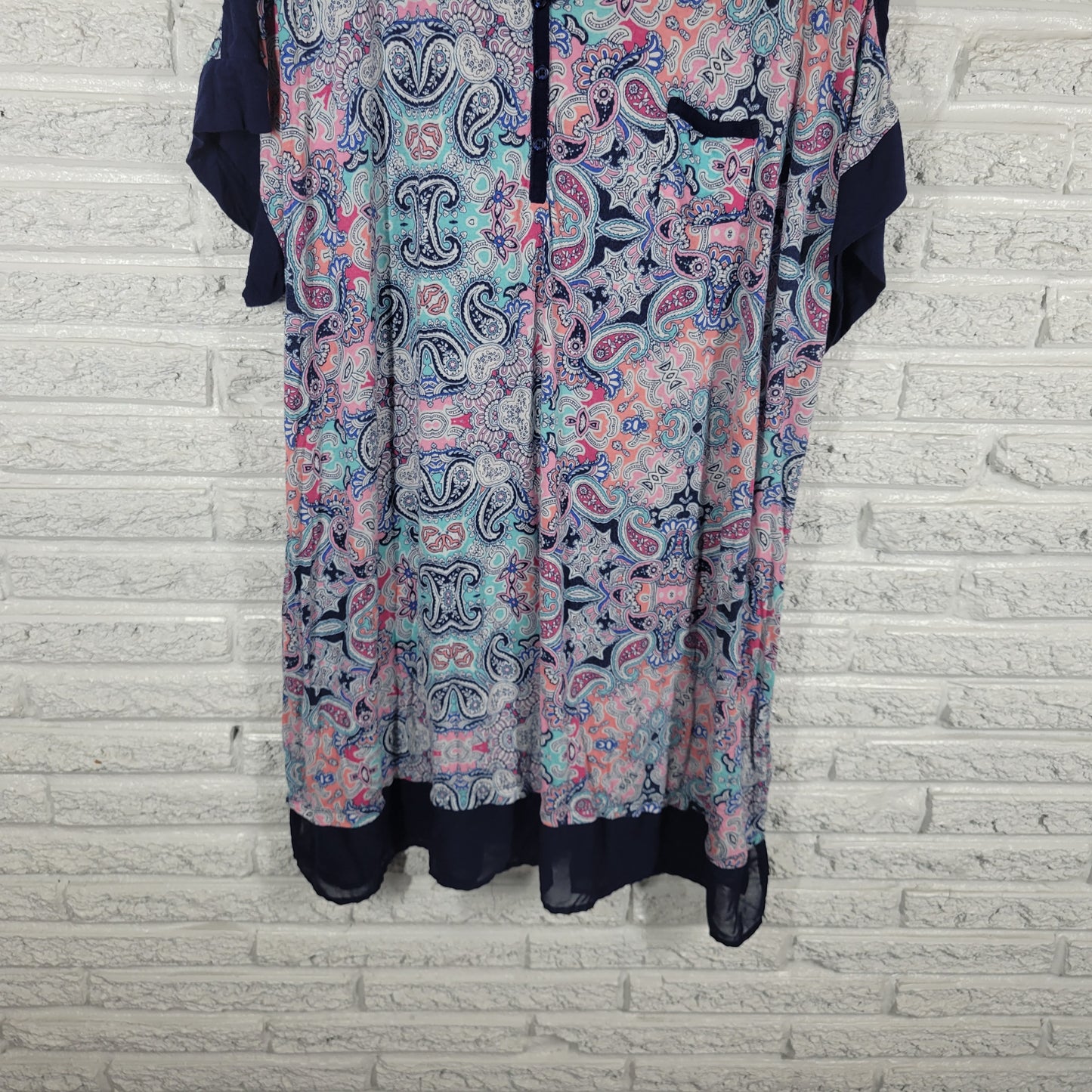Secret Treasures Paisley Pajama Top 3X Blue Pink V-Neck Short Sleeve PAI36E