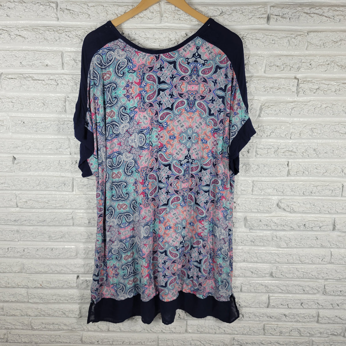 Secret Treasures Paisley Pajama Top 3X Blue Pink V-Neck Short Sleeve PAI36E