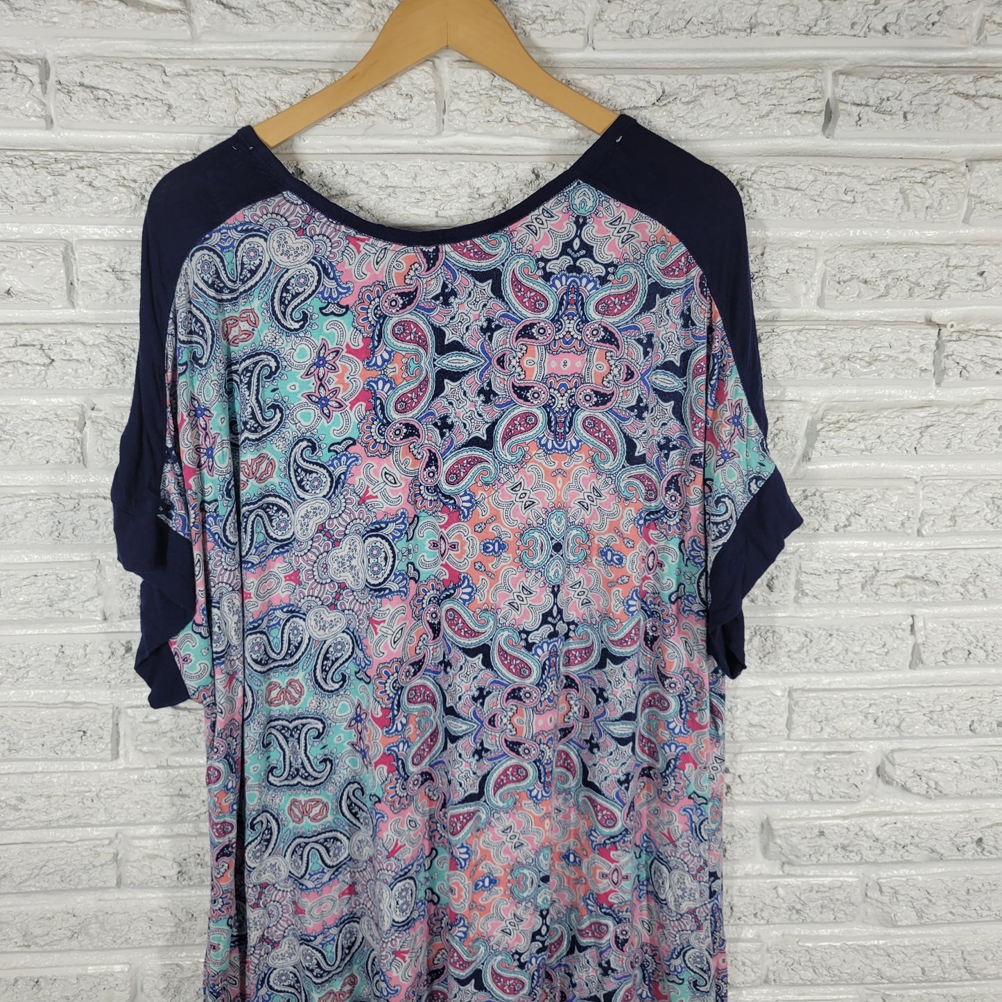 Secret Treasures Paisley Pajama Top 3X Blue Pink V-Neck Short Sleeve PAI36E