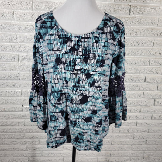 Alfani Peplum Top XL Blue Geometric Bell Crochet Sleeve Pullover GEO202E