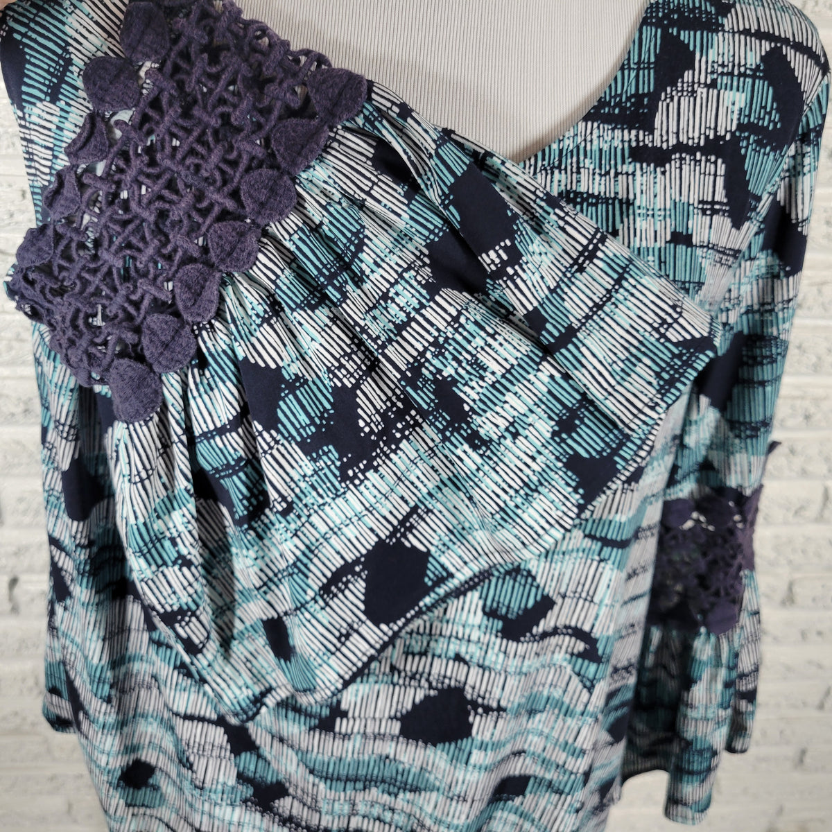 Alfani Peplum Top XL Blue Geometric Bell Crochet Sleeve Pullover GEO202E