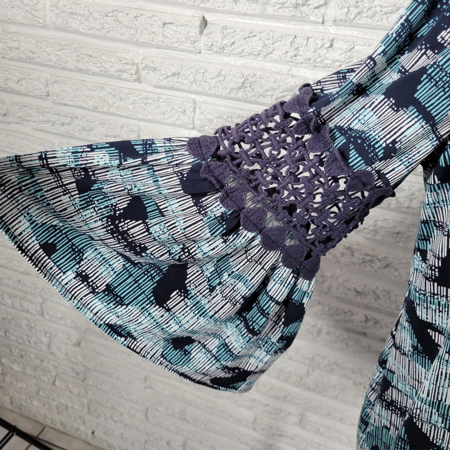 Alfani Peplum Top XL Blue Geometric Bell Crochet Sleeve Pullover GEO202E