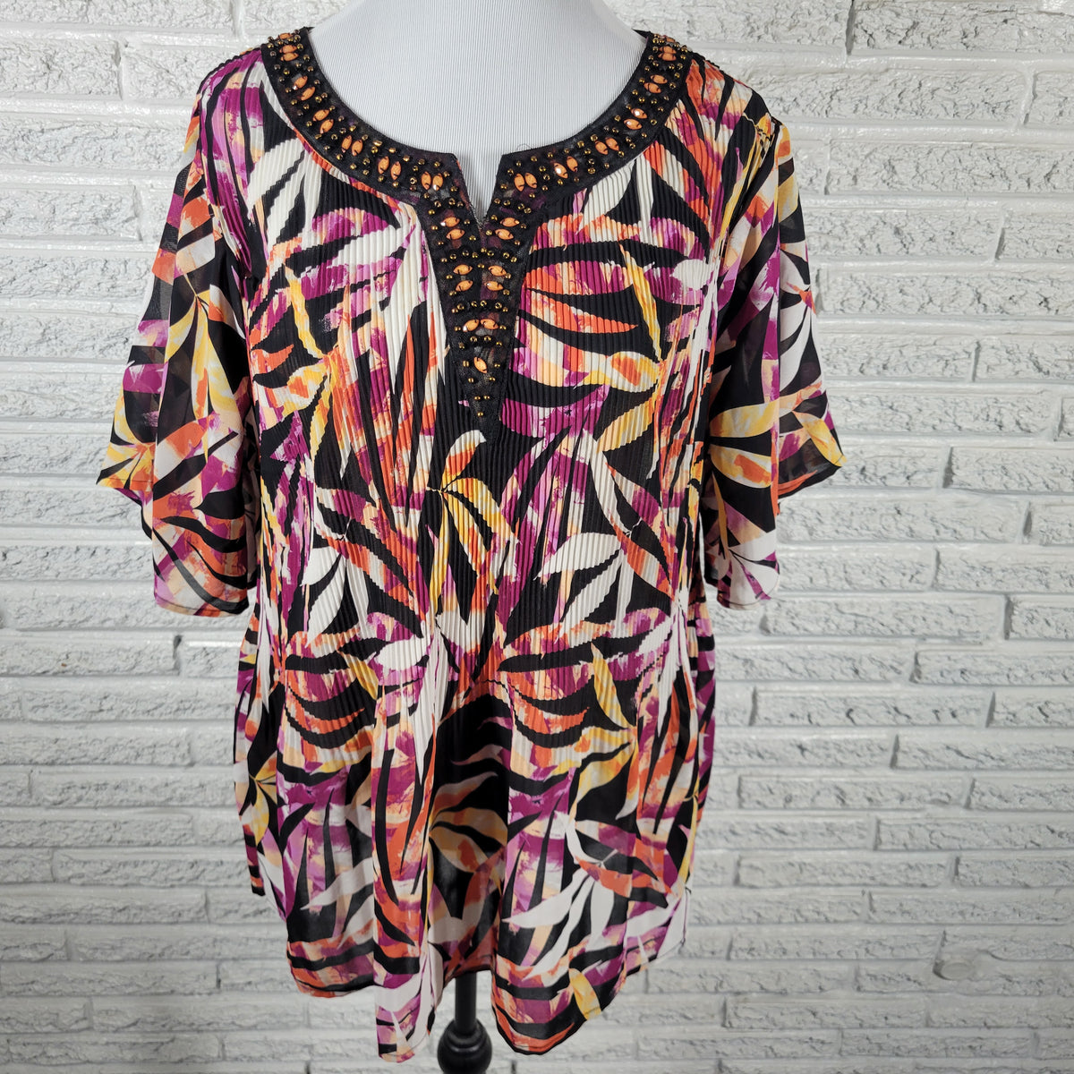 Catherines Blouse 1XWP Plus Petite Purple Orange Floral Crinkle Sheer FLO267E