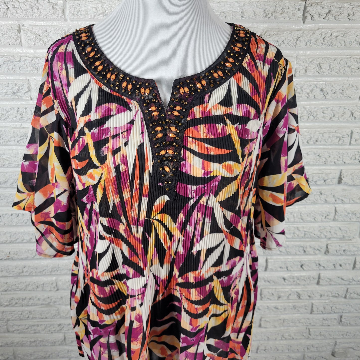 Catherines Blouse 1XWP Plus Petite Purple Orange Floral Crinkle Sheer FLO267E