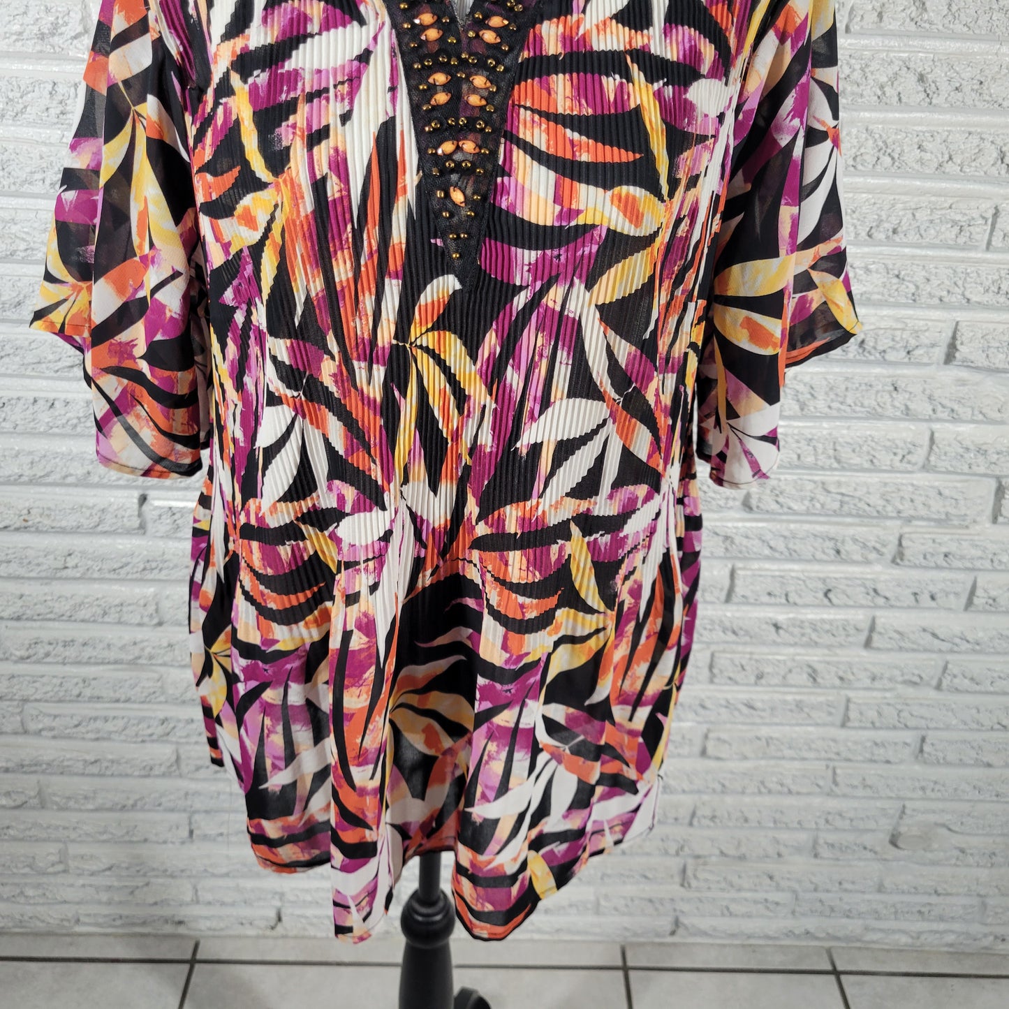 Catherines Blouse 1XWP Plus Petite Purple Orange Floral Crinkle Sheer FLO267E