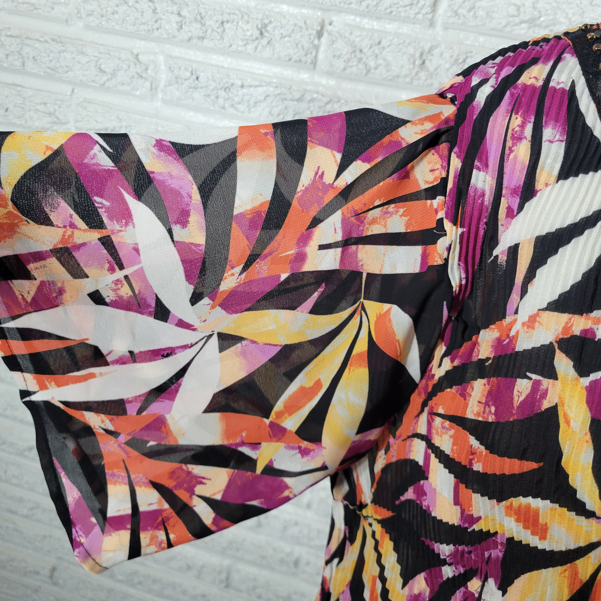 Catherines Blouse 1XWP Plus Petite Purple Orange Floral Crinkle Sheer FLO267E