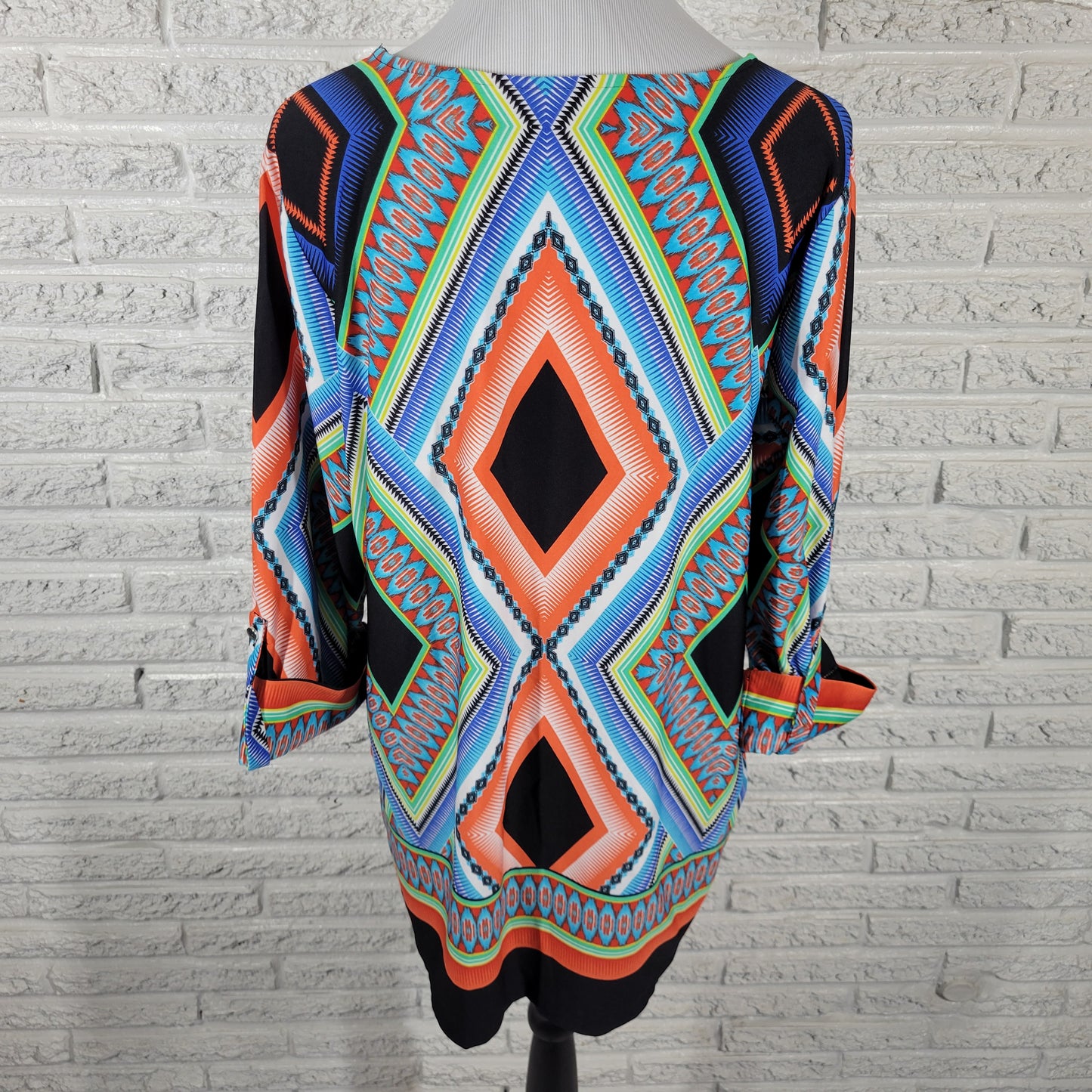 New Directions Tunic Blouse 1X Plus Size Geometric Multicolor Roll Tab GEO200E